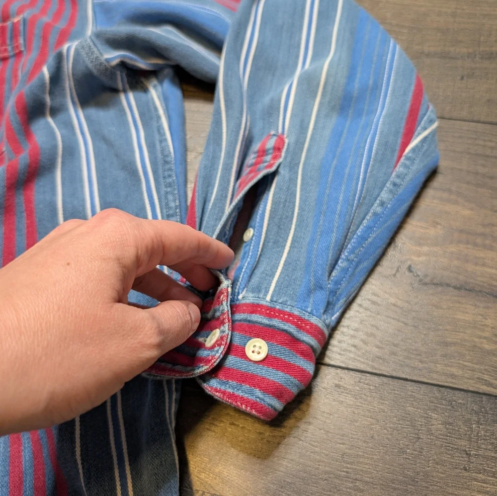 Review By Baxter Vintage Blue Red Cotton Long Sleeve Button Up Size‎ XL
